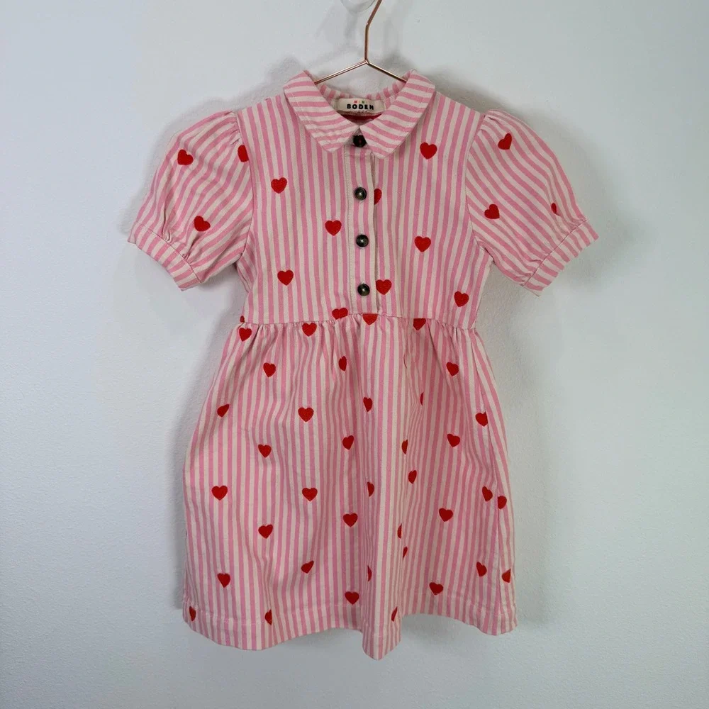 Mini Boden Girls Pink White Striped Red Heart Embroidered Denim Dress 6-7Y G5127